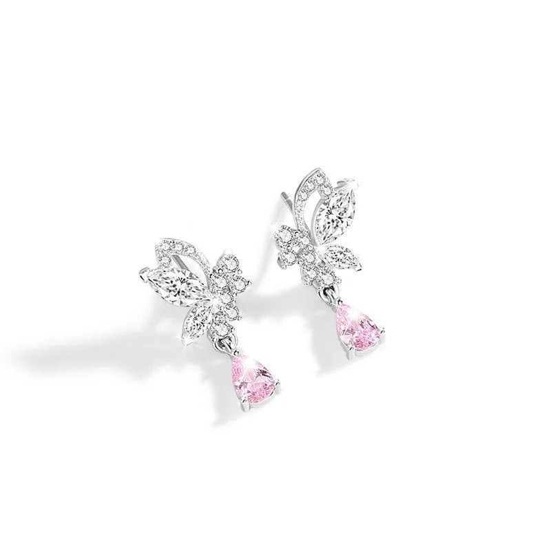 Crystal butterfly 925 silver stud earrings for women on white background