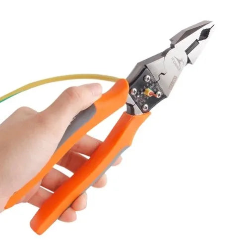 Orange multi-function wire cutter pliers with chrome steel head and textured black PVC handles on a workbench.