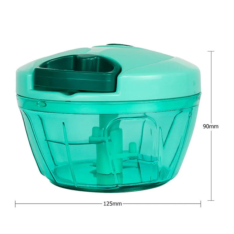 Green manual meat grinder chopper with three stainless steel blades and 500ml capacity