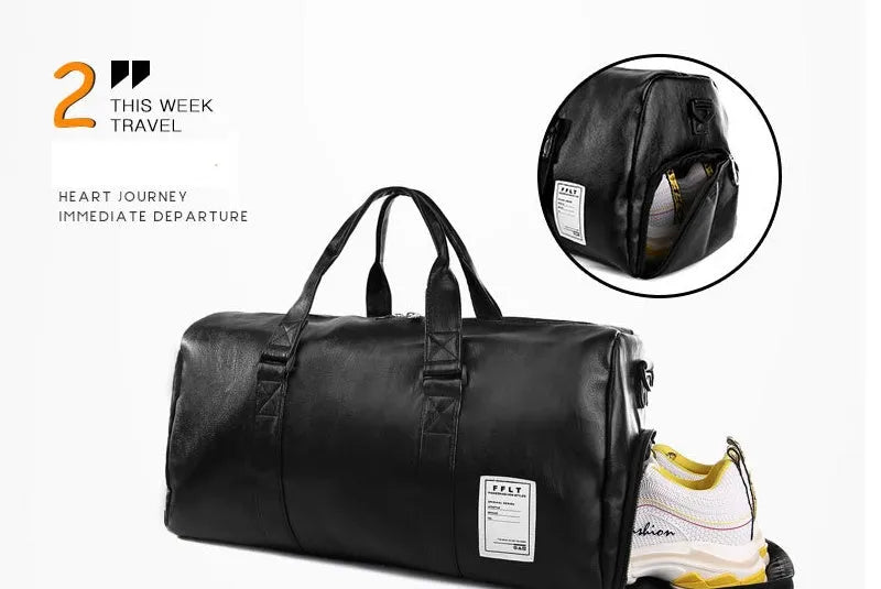 Black waterproof sports bag with separate shoe compartments shown in Large and Small sizes.