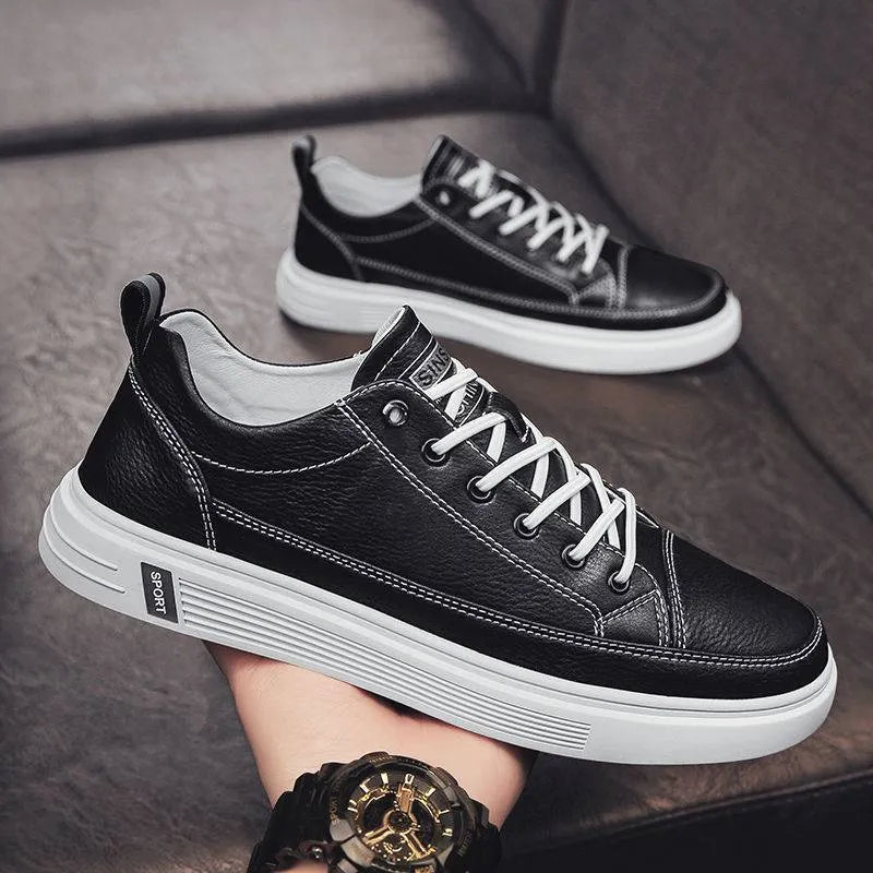 Men's white casual summer shoes with round toe and flat low-heel design