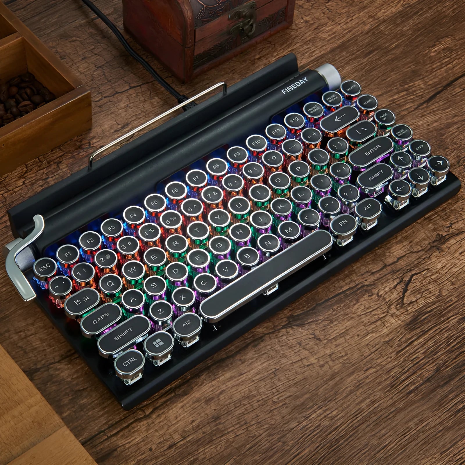Black retro mechanical keyboard with backlit keys and Bluetooth wireless connectivity