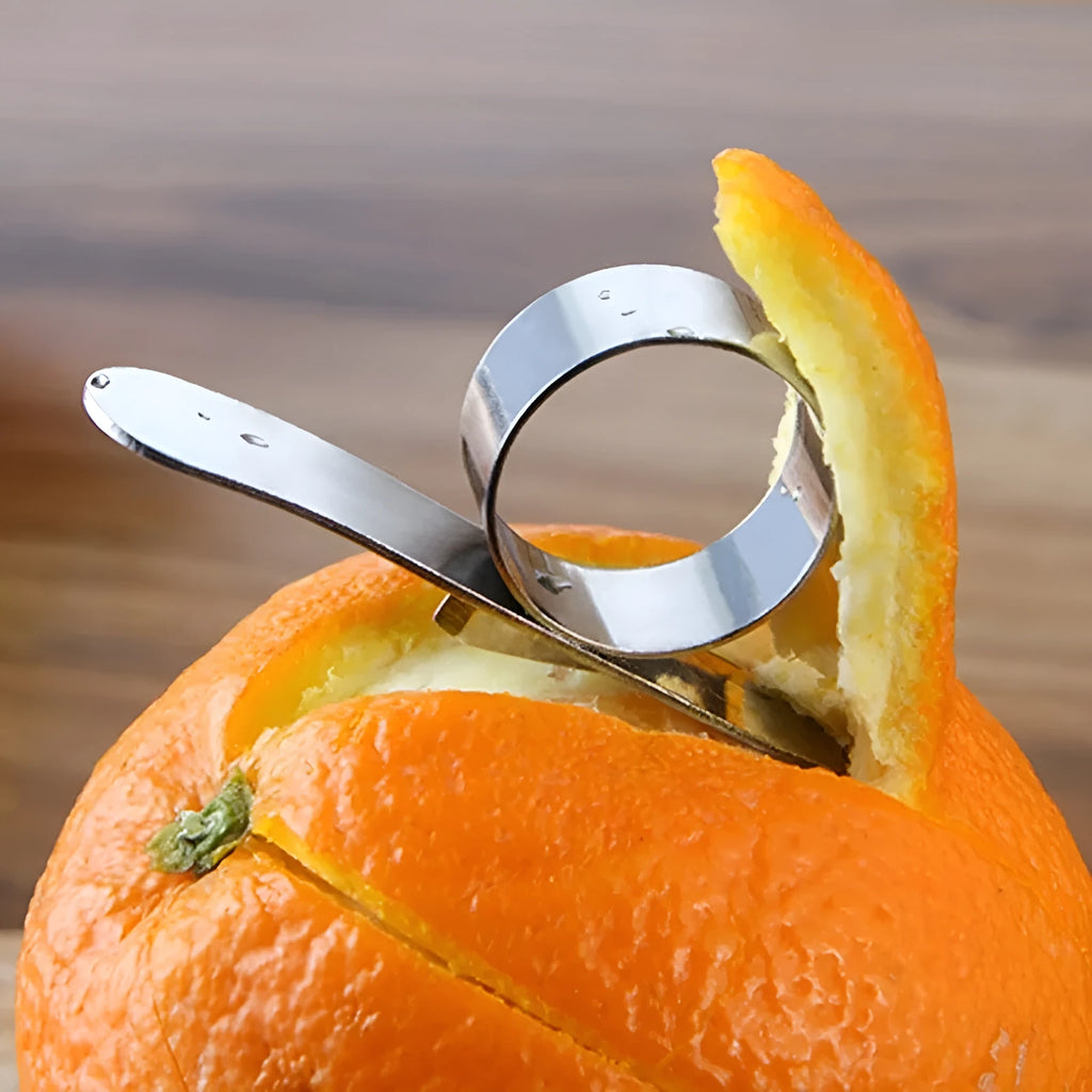 Silver stainless steel ring peeler for citrus fruits including oranges and pomelo