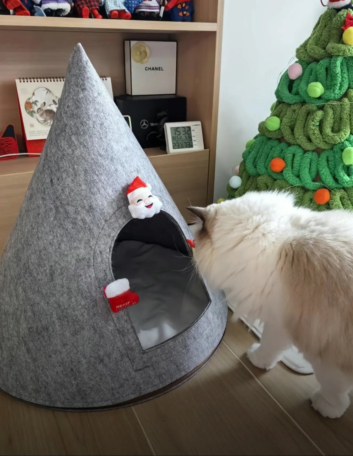 Christmas handmade felt tent style enclosed cat nest in grey, 50cm diameter, for cats under 12 pounds