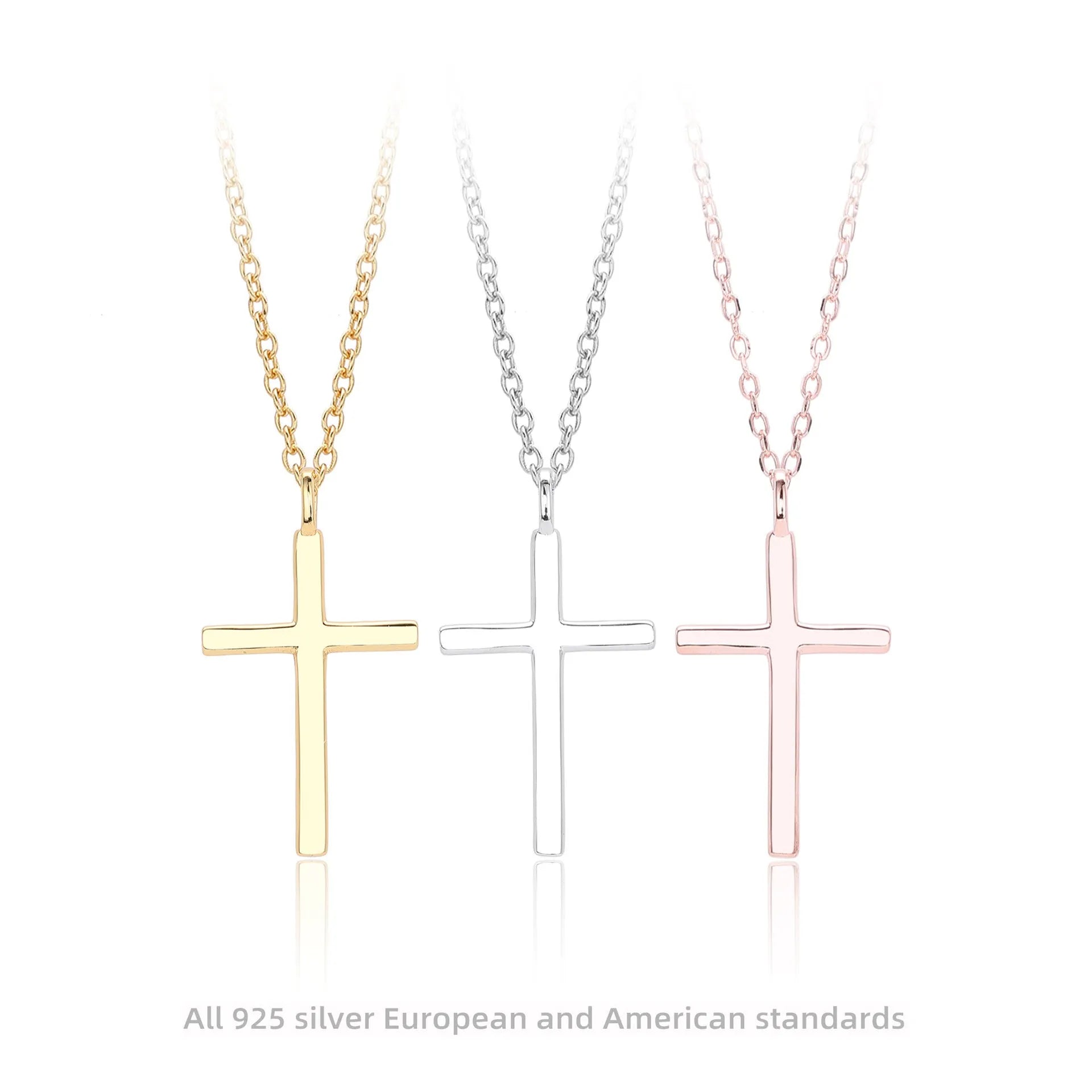 Simple glossy cross pendant on an O-chain sterling silver necklace in gold plating.