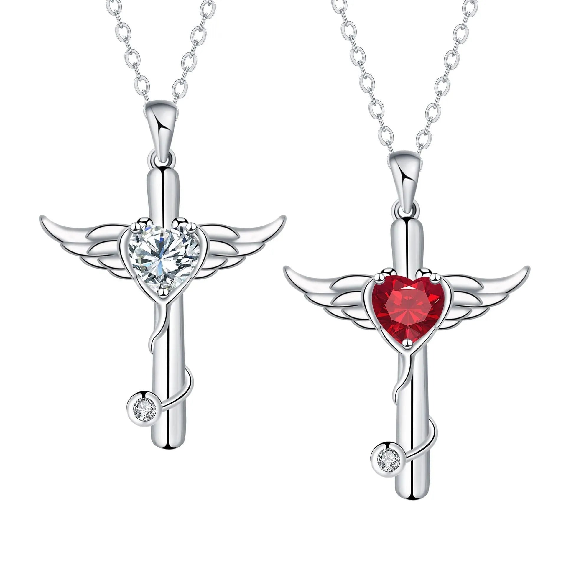Copper stethoscope necklace with wings pendant in red diamond or white diamond finish for women