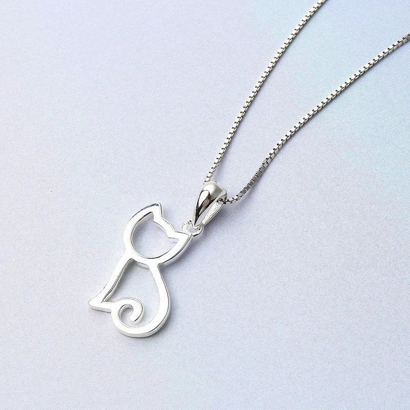 Sweet cat silver pendant necklace with Korean style animal charm on a simple chain