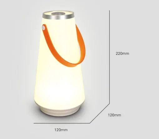 White LED rechargeable night light on a bedside table, 12x12x22cm ABS plastic body with warm glow