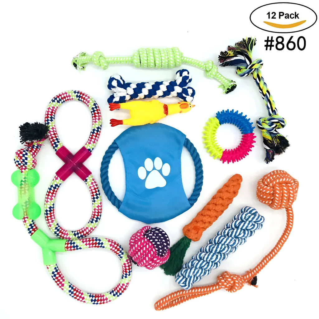 12-piece cotton rope pet toy set in assorted colours for bite-resistant interactive dog play
