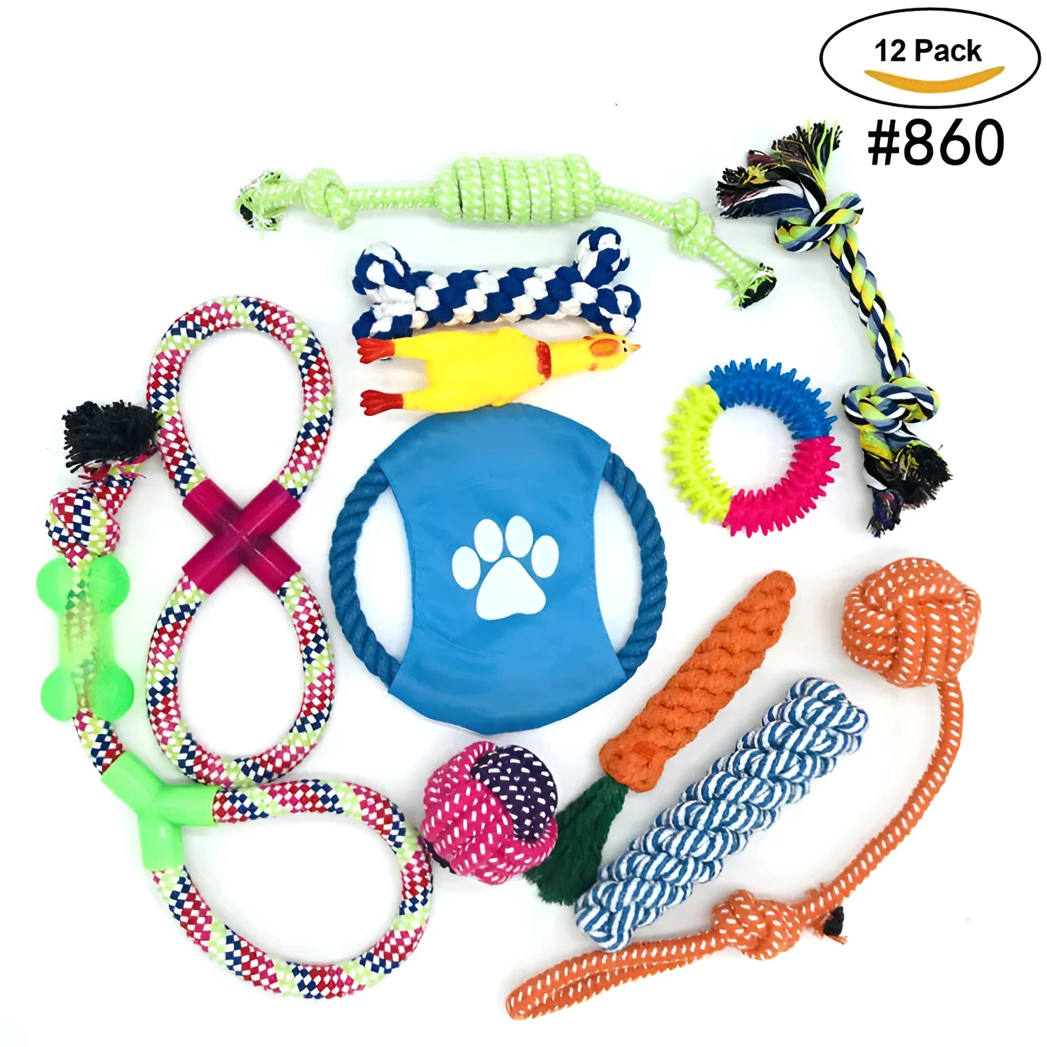 12-piece cotton rope pet toy set in assorted colours for bite-resistant interactive dog play