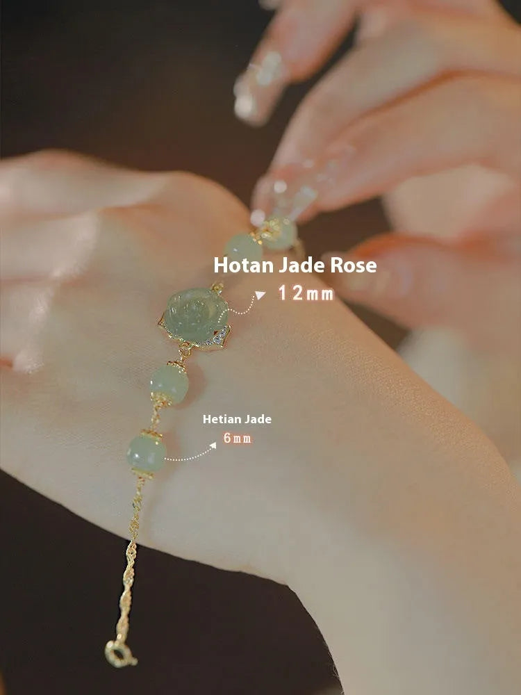 Women's bracelet with Hetian jade rose flower design and 14K gilded construction