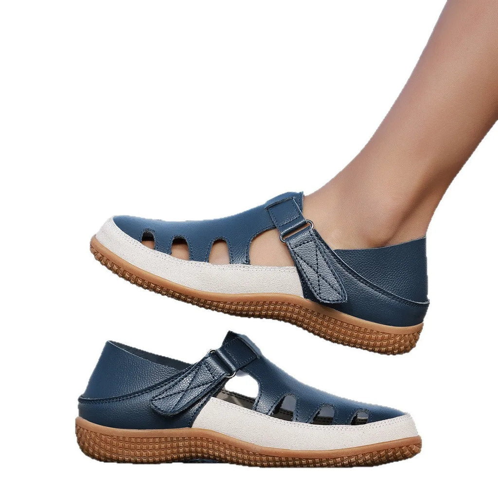 Women's plus size flat heel sandals with hollow toe cap design in blue colour