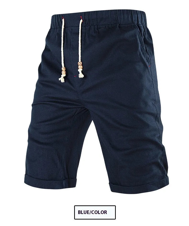 Men's summer cotton blend sports shorts with drawstring waist and zipper pocket in solid colour