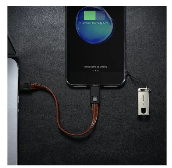 USB to Apple Lightning charging cable with leather braiding and zinc alloy connector in black, brown or red colours