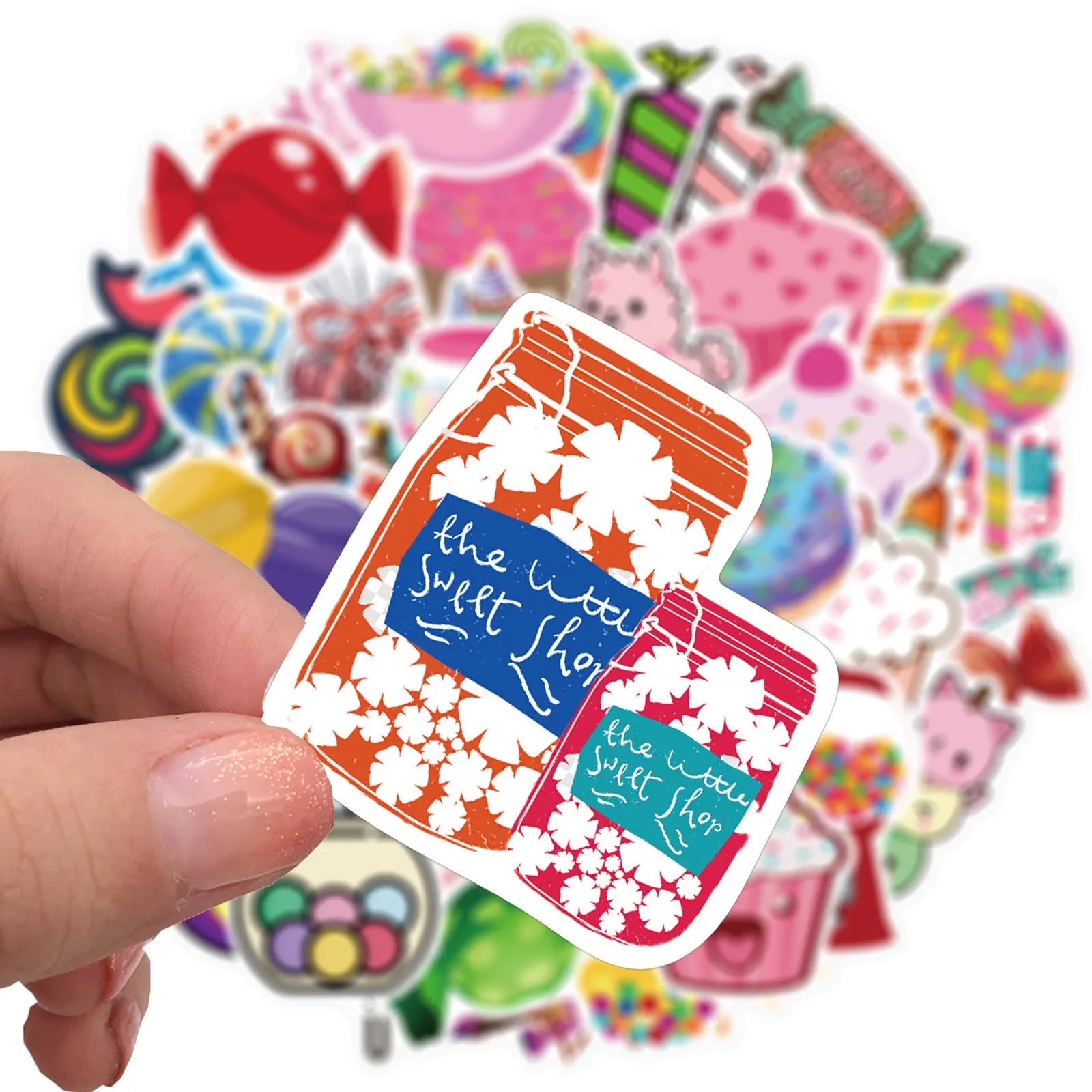 Pink pack of 50 colourful Candy series graffiti stickers with cartoon patterns, each sticker 4-6cm long.