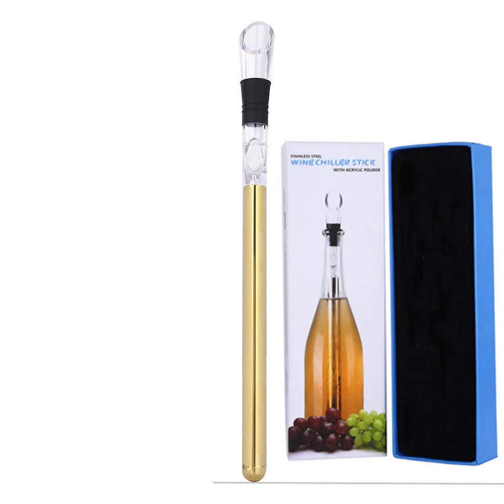 Silver stainless steel wine bottle cooler stick with built-in aerator and drip-free pouring nozzle on a table