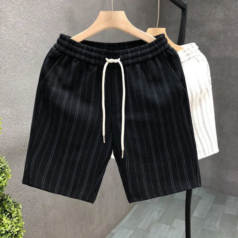 Men's black and white striped fleece-lined casual shorts with straight leg and ankle banding