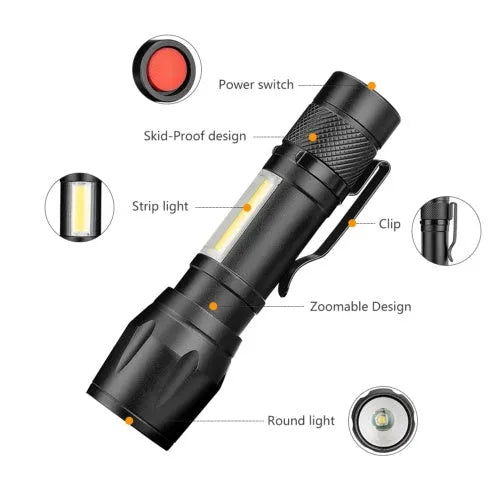 Compact black aluminium telescopic LED flashlight with pocket clip and zoomable head