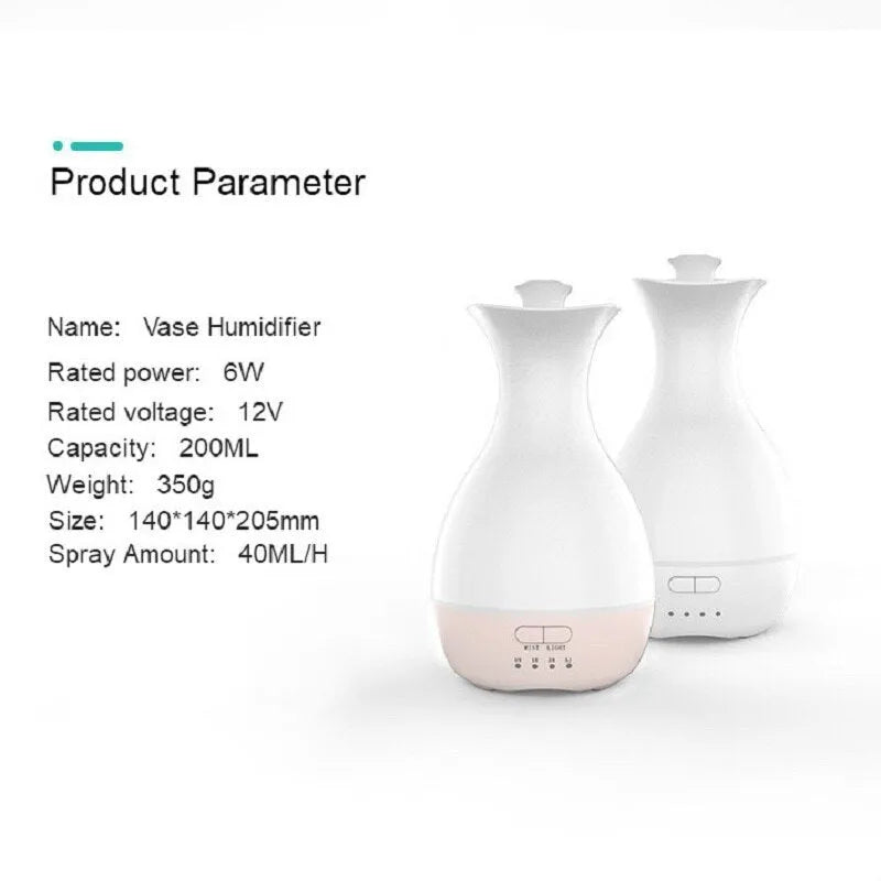 White ultrasonic aromatherapy vase diffuser with colourful LED night light and water tank