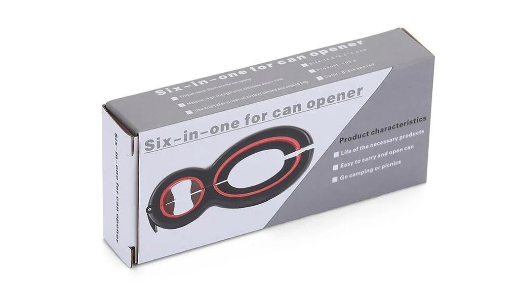 6-in-1 multifunctional can opener and bottle opener in grey on a kitchen worktop showing dual ring design