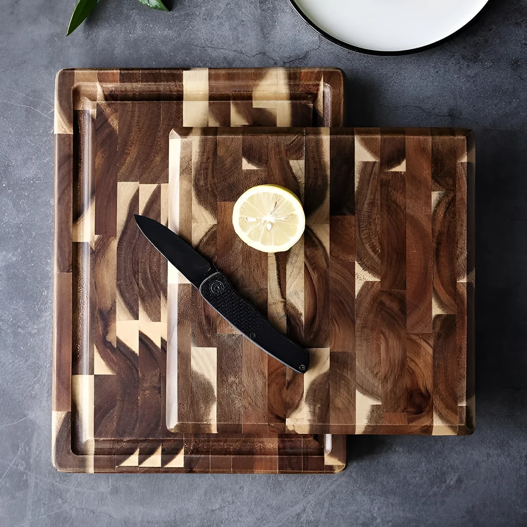 Brown parquet solid wood cutting board made from imported acacia, 3cm thick, on kitchen counter