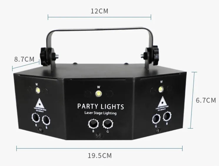 Nine eye laser strobe light with white strobe beads and red green blue lasers, AC110-240V
