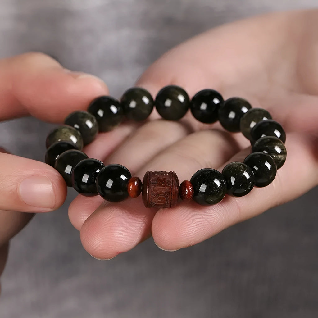 Unisex Golden Obsidian bracelet with 10mm round hand-woven beads in retro national style