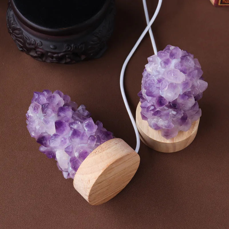 Mini amethyst tooth flower night light with USB plug-in showing purple crystal and warm glow