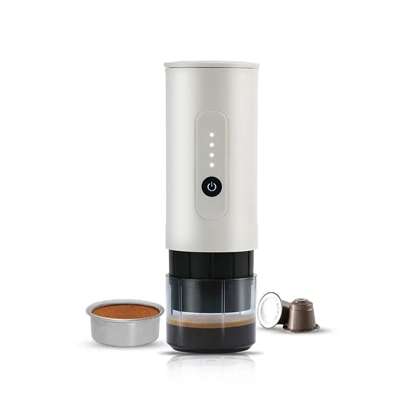 Portable electric coffee machine with stainless steel body in Moonlight White, including storage bag