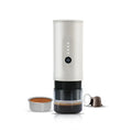 Portable electric coffee machine with stainless steel body in Moonlight White, including storage bag