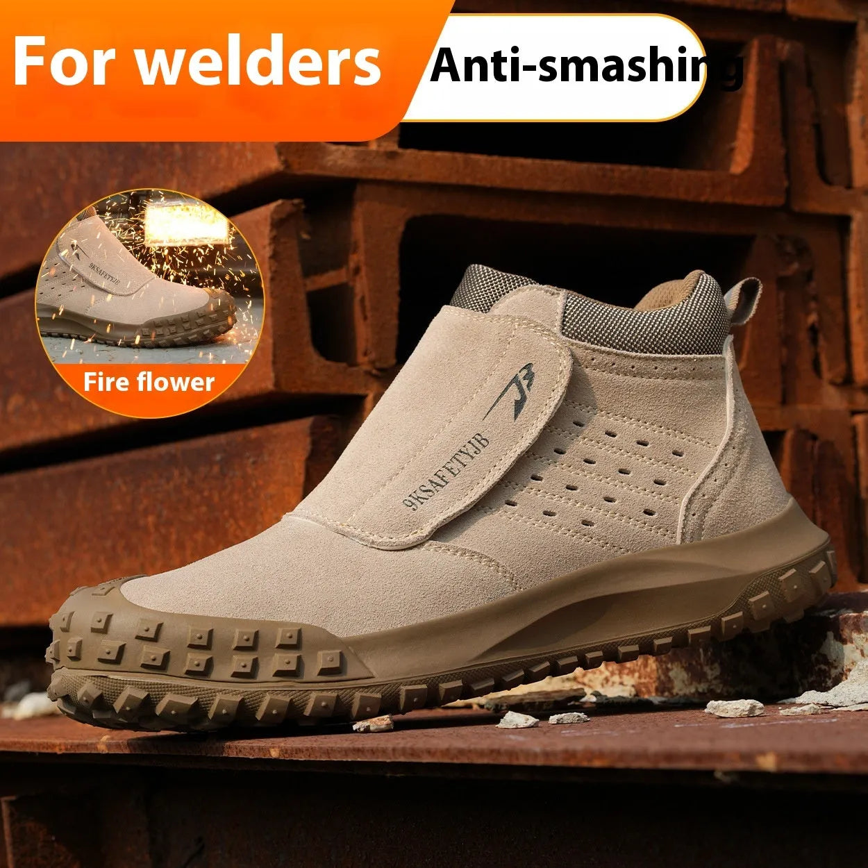 Four Seasons lightweight welder labour protection shoes steel toe anti-scald PU leather mid-top grey