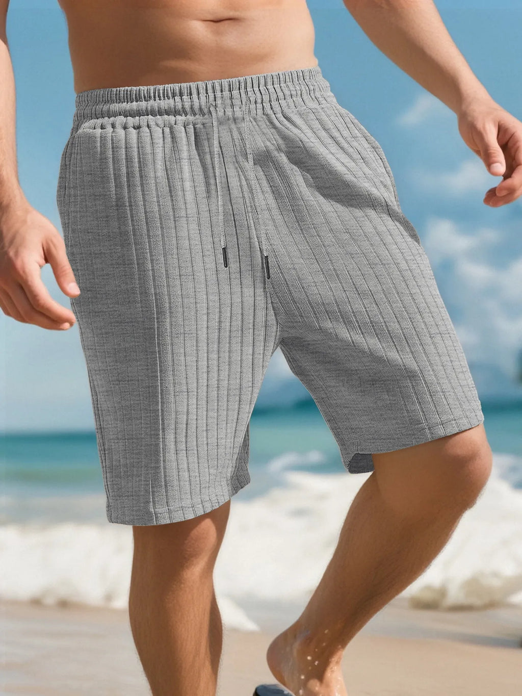 Men's striped beach pants with lace trim and multiple pockets in khaki