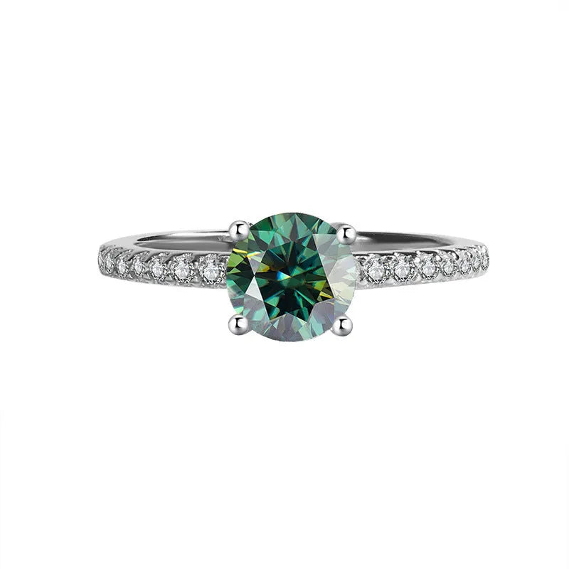 S925 silver ring with star-shaped moissanite stone in four-claw setting, available in multiple sizes and colours