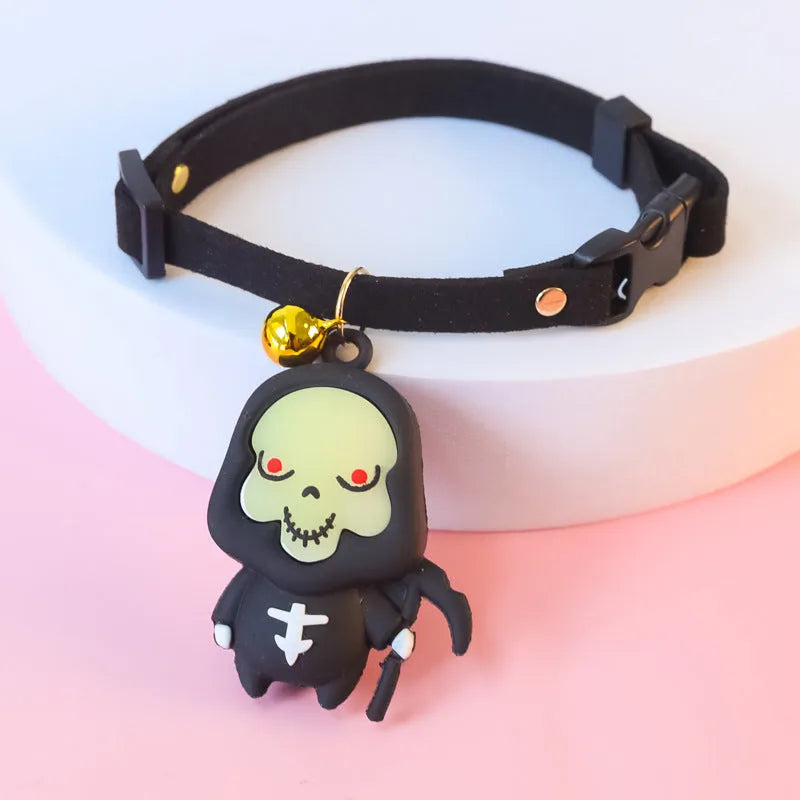 Halloween pet collar decoration showing pumpkin man, luminous brat, and luminous skull patterns with adjustable sizing