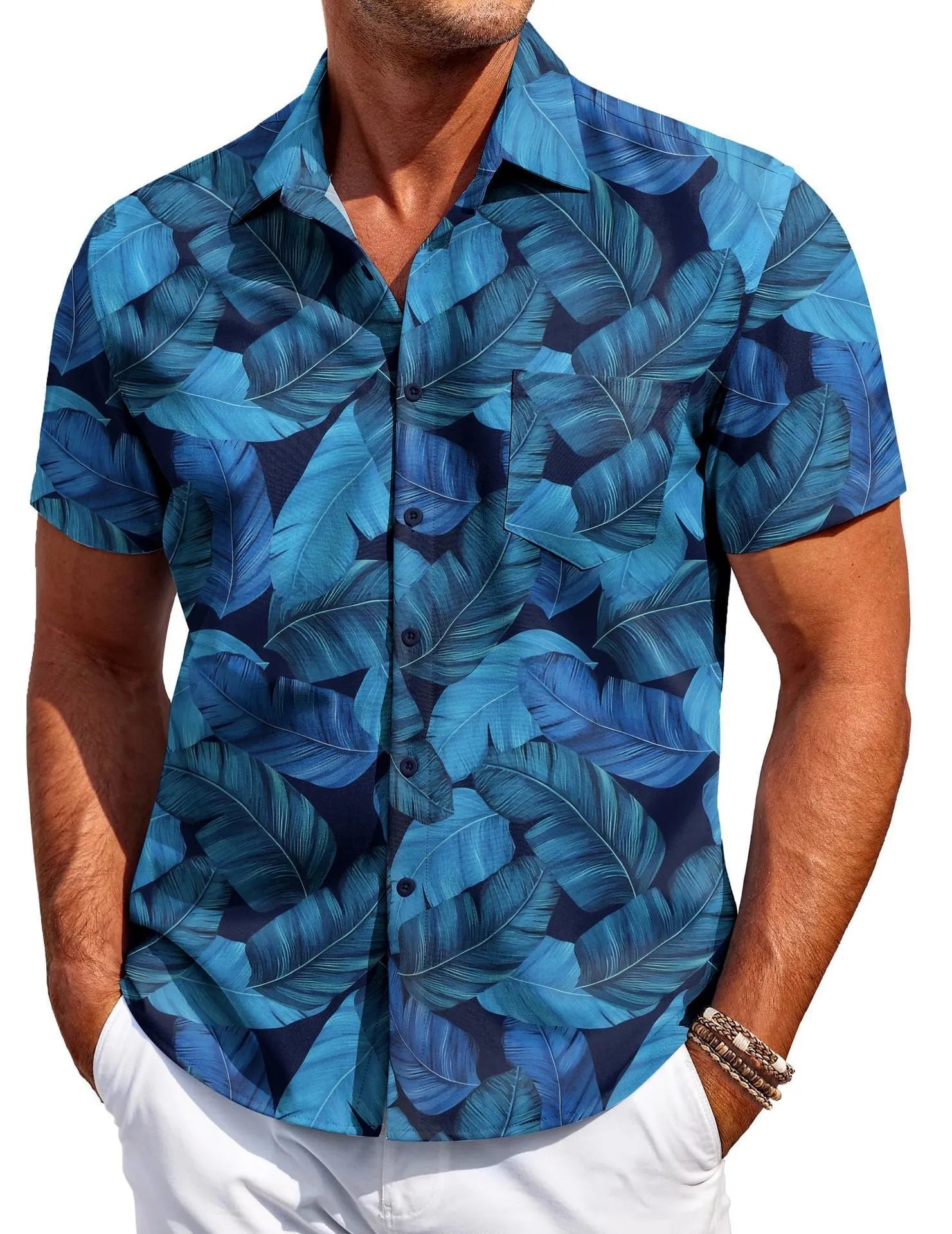 Men's slim fit short sleeve shirt with digital print in a tropical pattern, shown on model