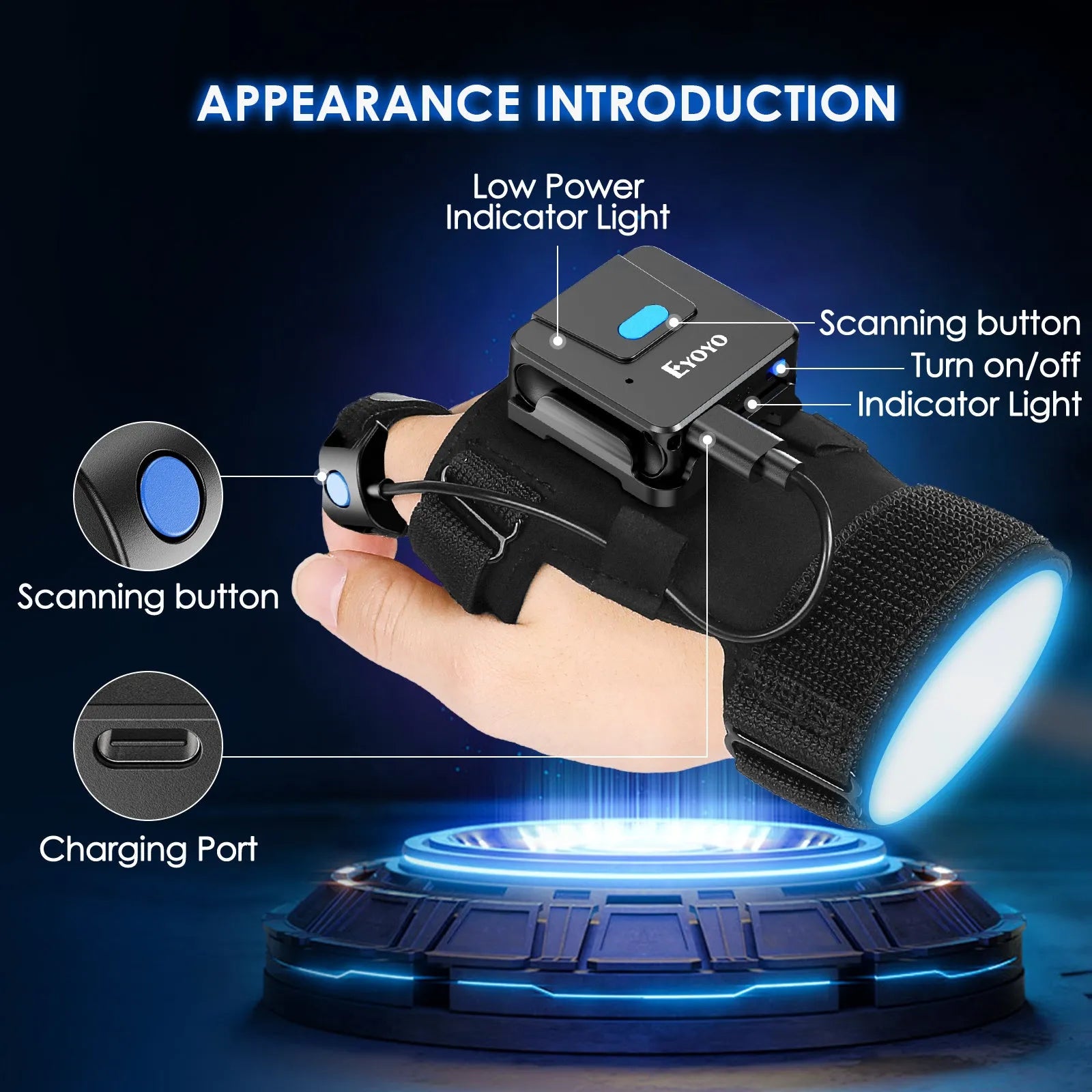 Portable two-dimensional wrist barcode scanner gloves Bluetooth handheld scanning gun with laser light source