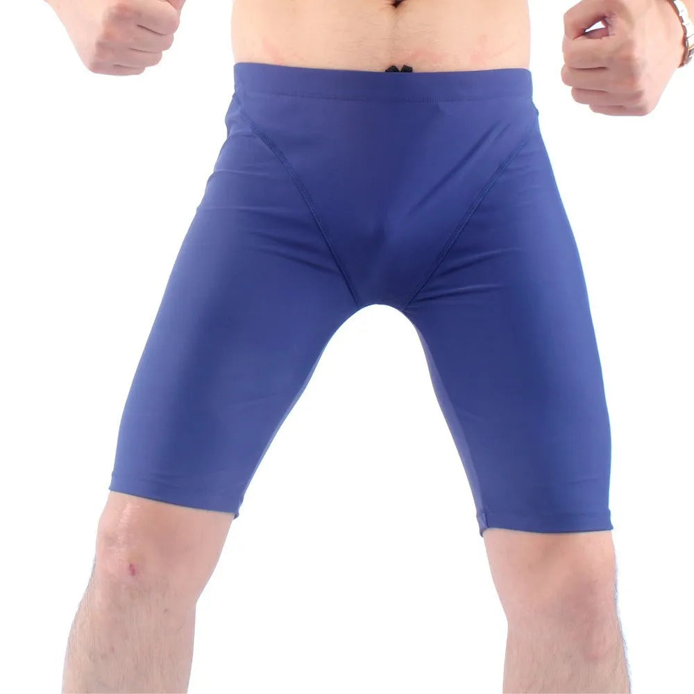 Men's quick-drying five-point swimming trunks in navy blue, loose fit with polyester lining, plus size L to XXXL