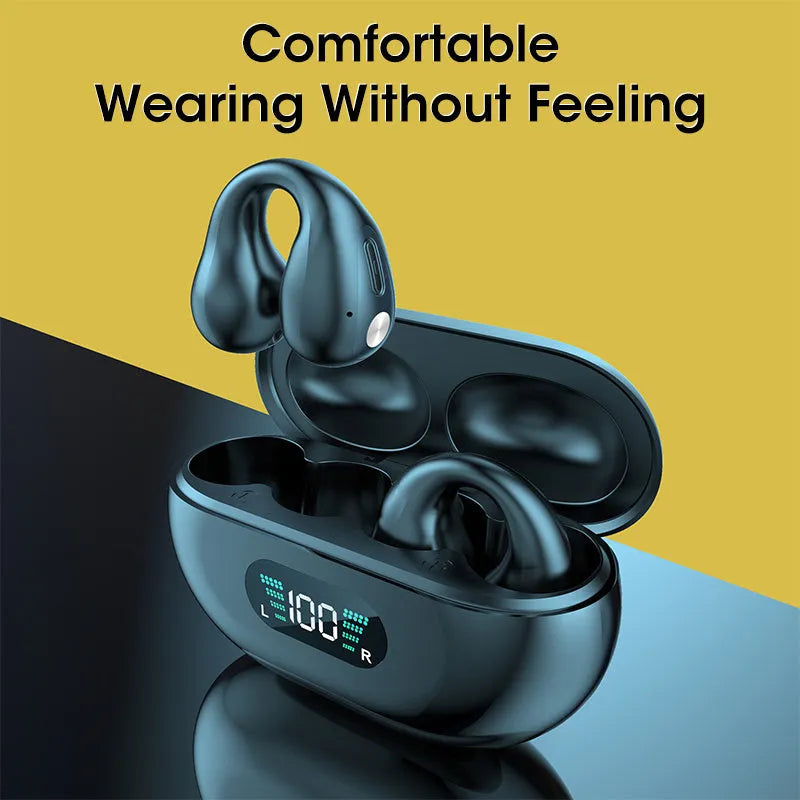 Bone conduction Bluetooth headset with ear clip design shown in black, white, and khaki colour options.