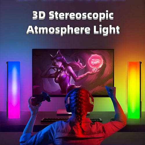 3D RGB music-reactive ambiance lamp with colourful light effects on a desktop