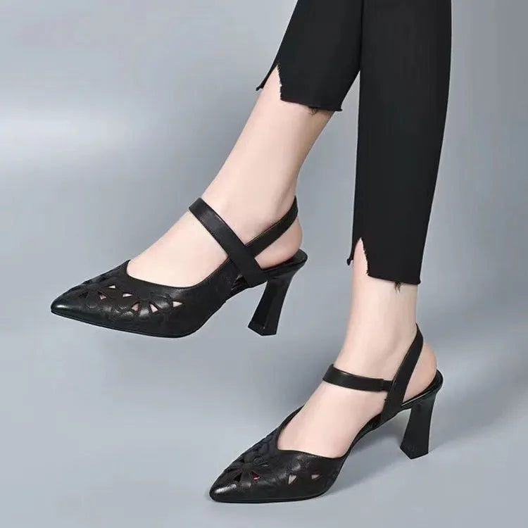 Fashion pointed toe sandals in beige with back empty design and hollowed toe box high heels