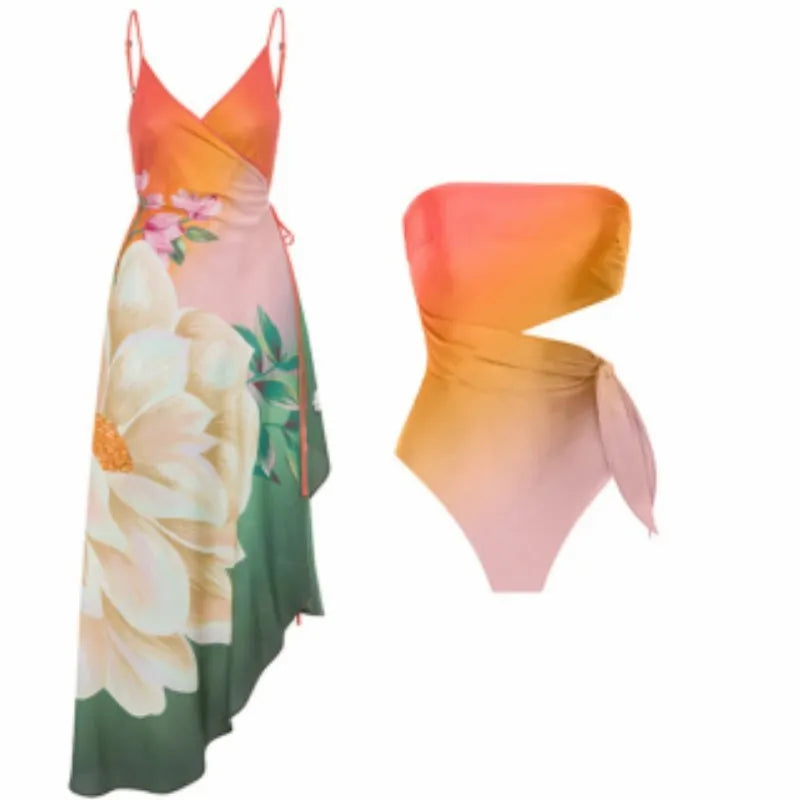 Women's retro French style printed one-piece swimsuit in quick-drying polyester fabric