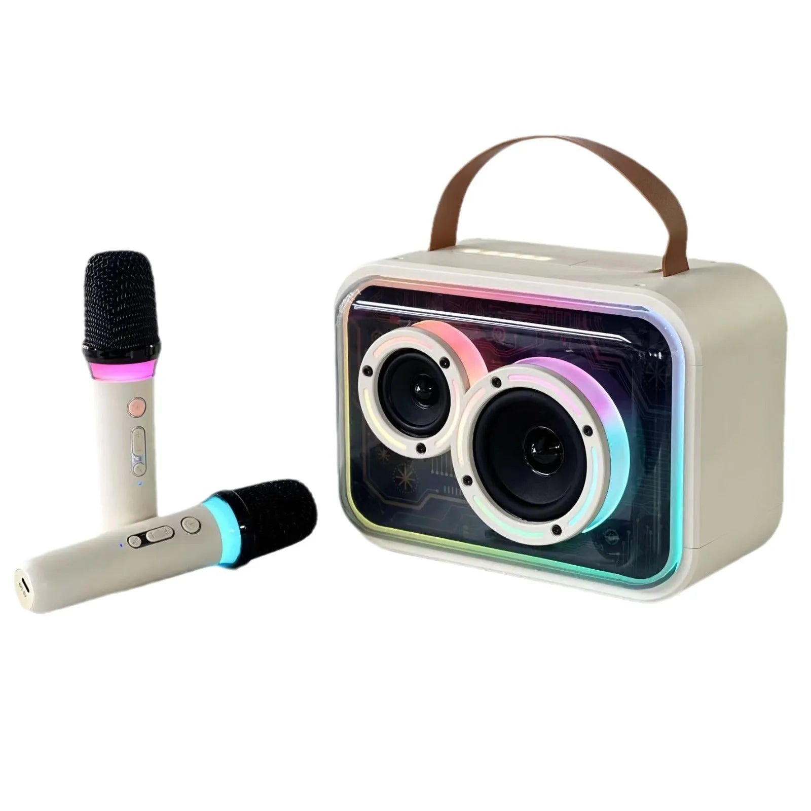 Bluetooth-compatible portable speaker with colourful RGB lights in black, with wireless karaoke microphone