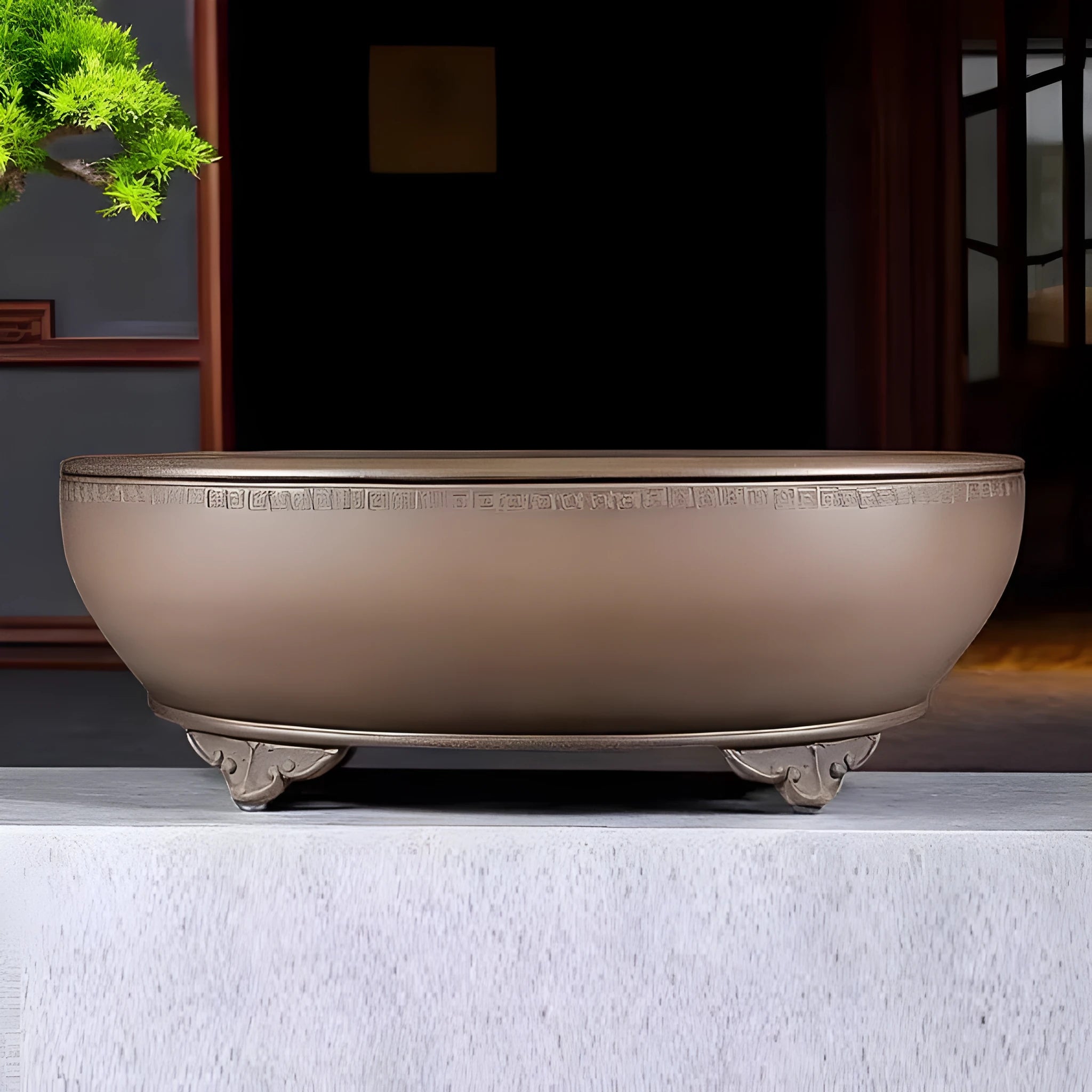 Handmade oval purple sand flowerpot with black mud green finish for desktop or ground plant displays