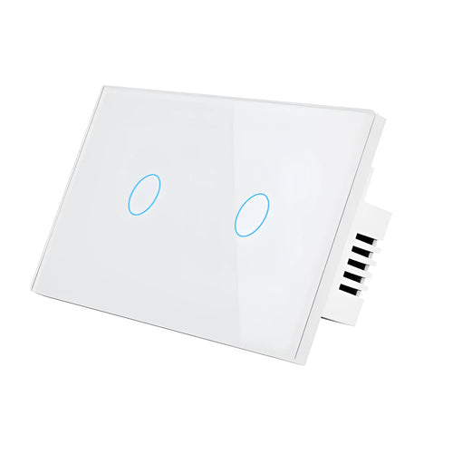 2-gang touch light switch with tempered glass panel and RF remote control in black, white, or gold