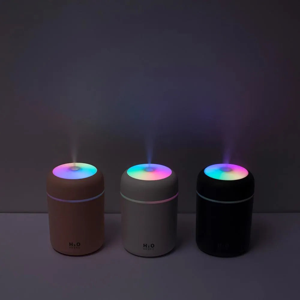 Mini USB desktop humidifier in pink with 300ml tank, low noise, and colourful atmosphere lights