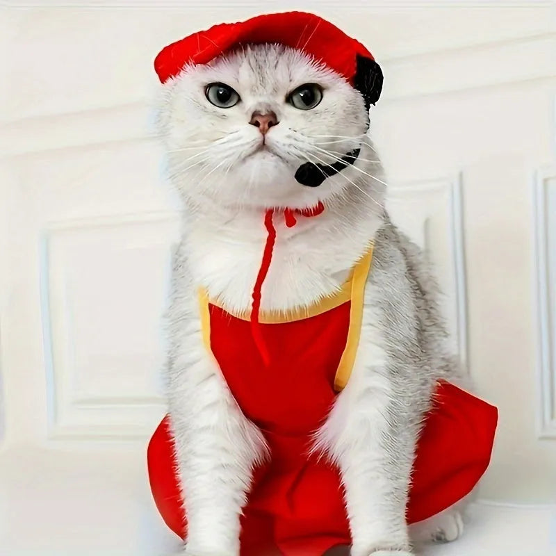 Handmade cream cotton knitted sweater and chef hat outfit on a small cat for a birthday costume.