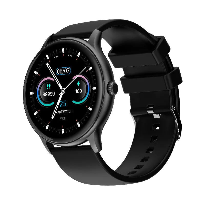 Blood pressure health smart sports watch with circular screen and black silicone strap.