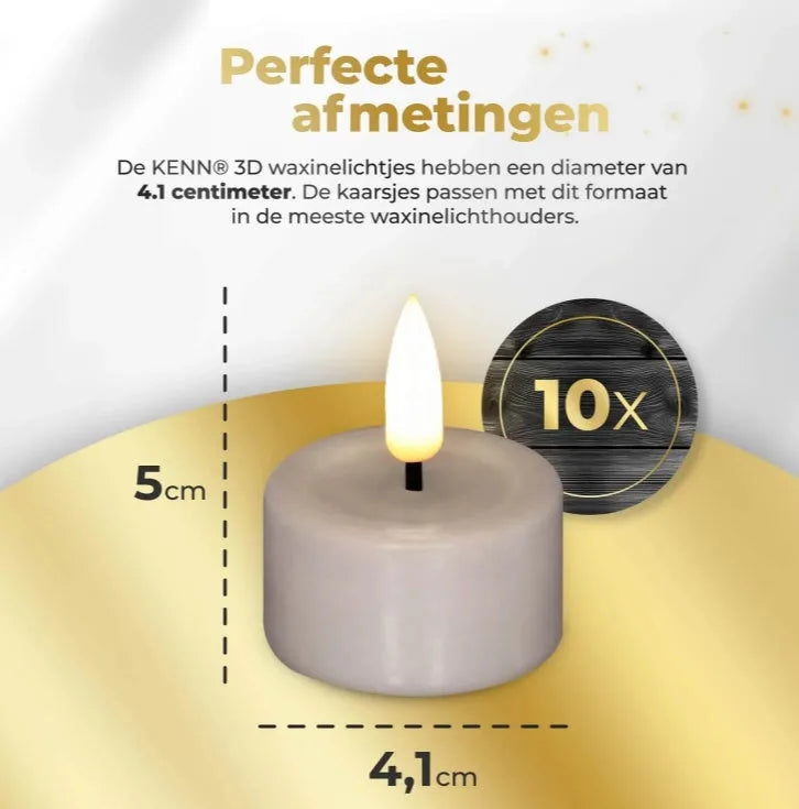 S10 3D flame LED tealight candles in taupe colour showing realistic flickering effect