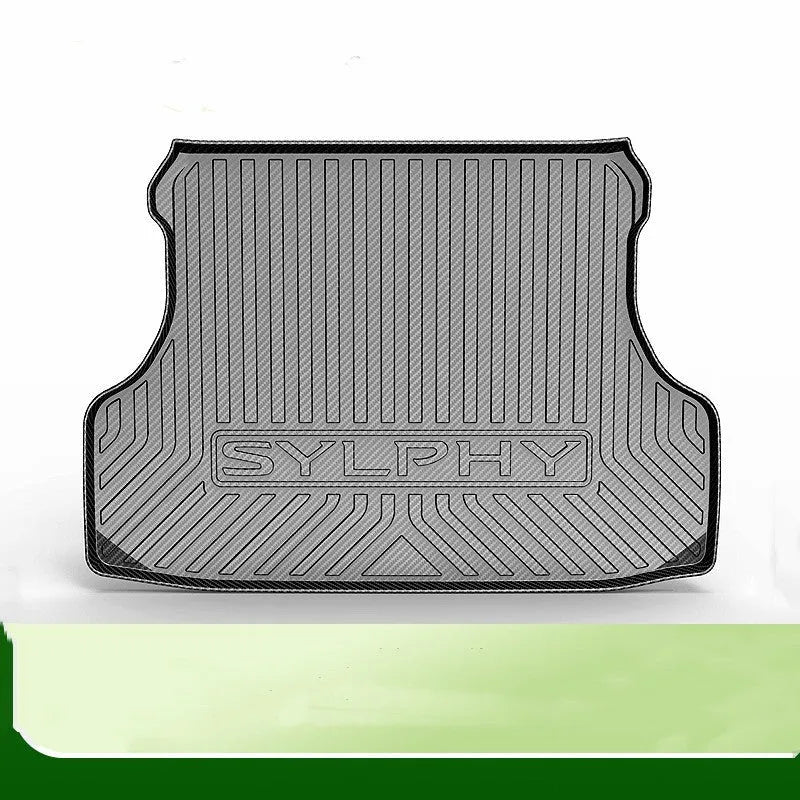 Black carbon fibre pattern TPE boot liner for a Special Car, showing textured surface and custom fit.