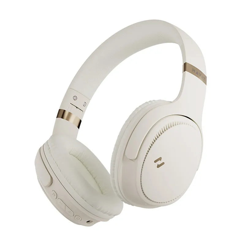Wireless Bluetooth headphone head-mounted gaming headset in cream colour, PC ABS material, with noise reduction microphone.
